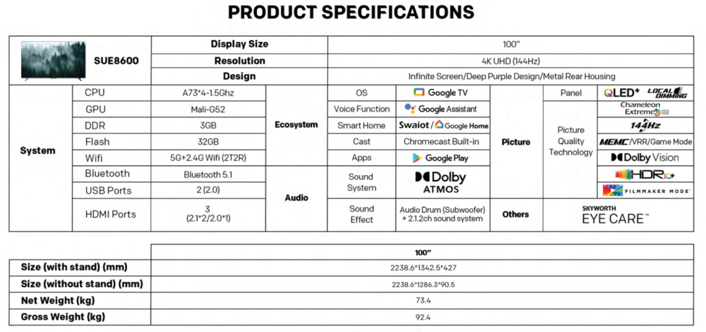 SKYWORTH 100" QLED TV 100SUE8600