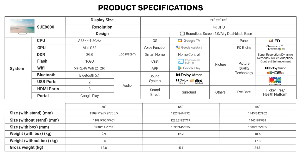 SKYWORTH 55" QLED+ EYE CARE SERIES GOOGLE TV 55SUE8000
