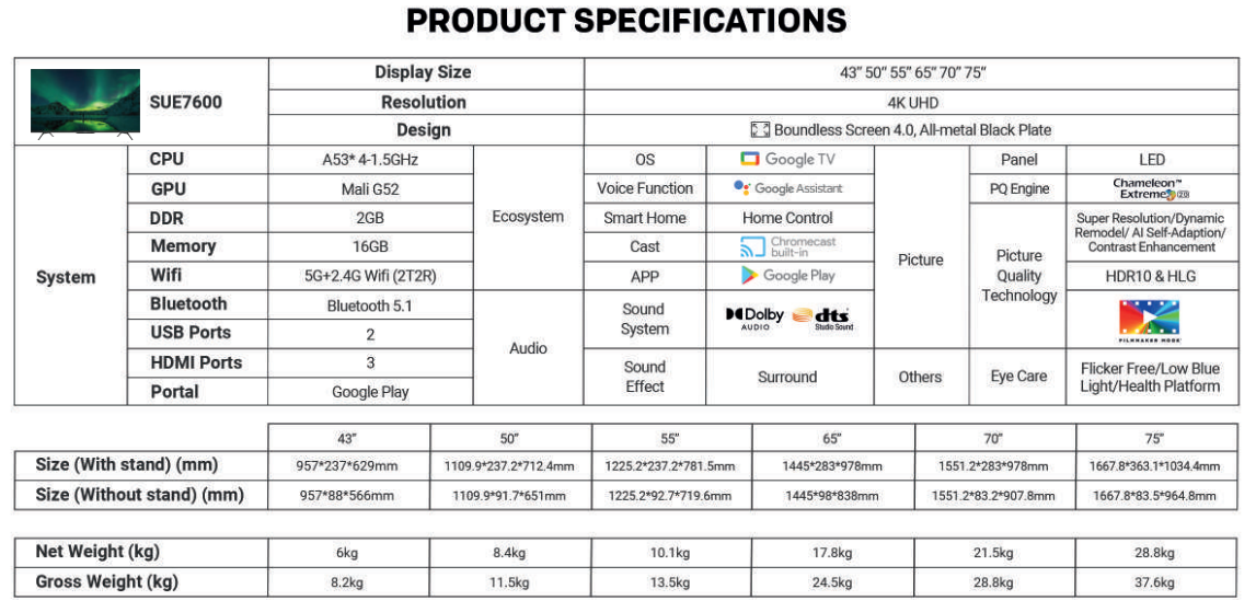 SKYWORTH 70" 4K UHD EYE CARE SERIES GOOGLE TV 70SUE7600