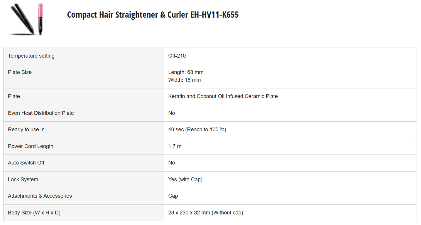 PANASONIC COMPACT HAIR STRAIGHTENER & CURLER EH-HV11-K655