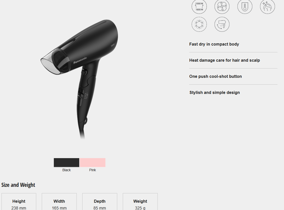PANASONIC 1800W FAST DRY HAIR DRYER EH-ND37-K655/P655
