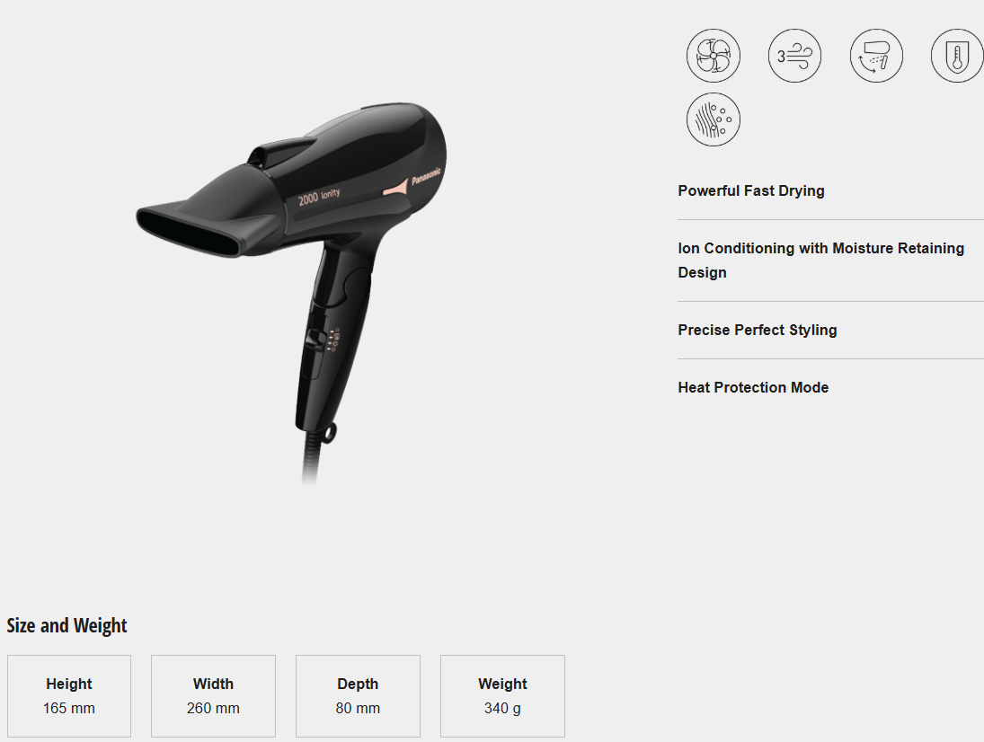 PANASONIC 2000W IONITY HAIR DRYER EH-NE66-K655