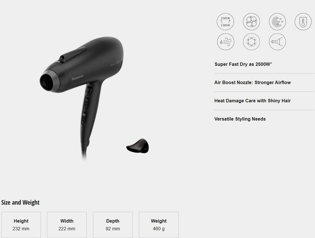 PANASONIC 2300W FAST DRY IONITY HAIR DRYER EH-NE85-K655