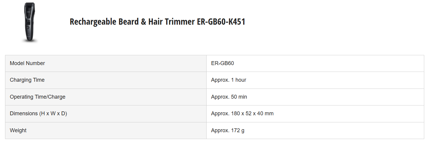 PANASONIC RECHARGEABE BEARD & HAIR TRIMMER ER-GB60-K451