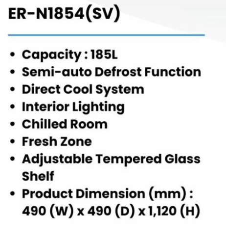 ELBA 185L SINGLE DOOR REFRIGERATOR ER-N1854(SV) - 5 YEARS COMPRESSOR WARRANTY