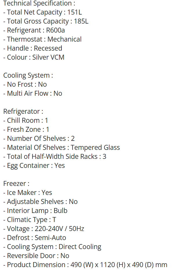 ELBA 185L SINGLE DOOR REFRIGERATOR ER-N1854(SV) - 5 YEARS COMPRESSOR WARRANTY