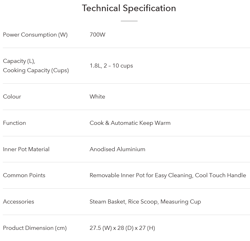 ELBA 1.8L JAR RICE COOKER ERC-E1831 (WH) - WHITE
