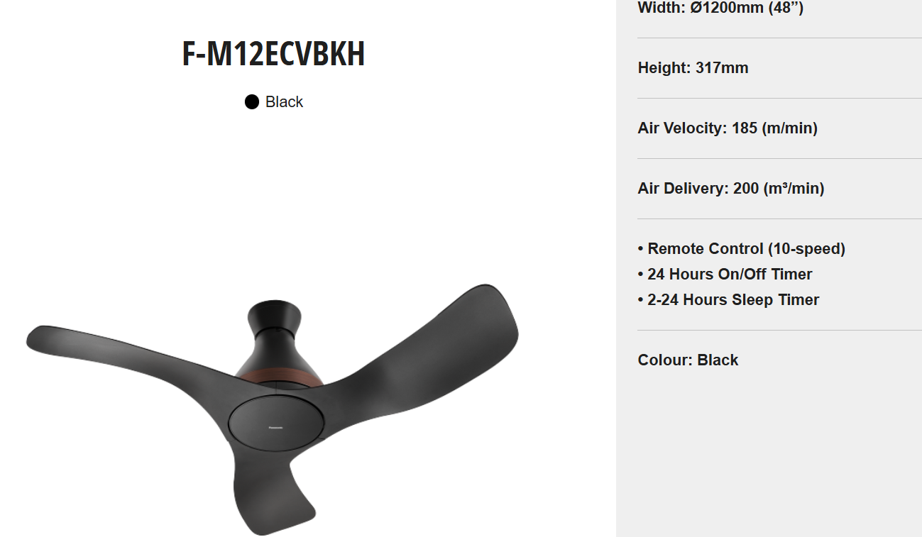 PANASONIC F-M12ECVBKH - Ceiling Fan WIFAN Wi-Fi 3-Blade (48 Inch)