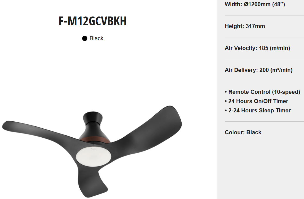 PANASONIC F-M12GCVBKH - Ceiling Fan WIFAN WIFI 3-Blade (48 Inch) With LED