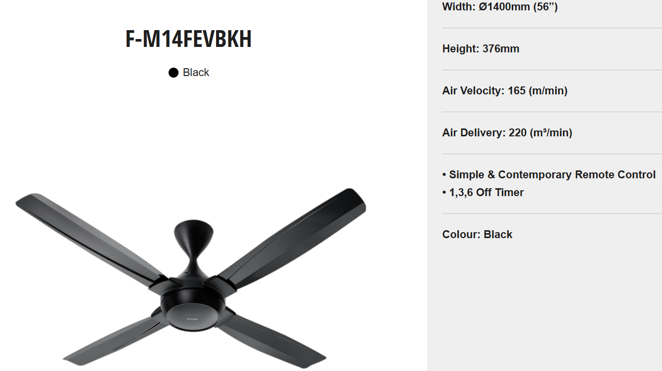 PANASONIC F-M14FEVBKH - (56 INCH) CEILING FAN 4-BLADE DC MOTOR CEILING FAN SLEEK & SMOOTH DESIGN