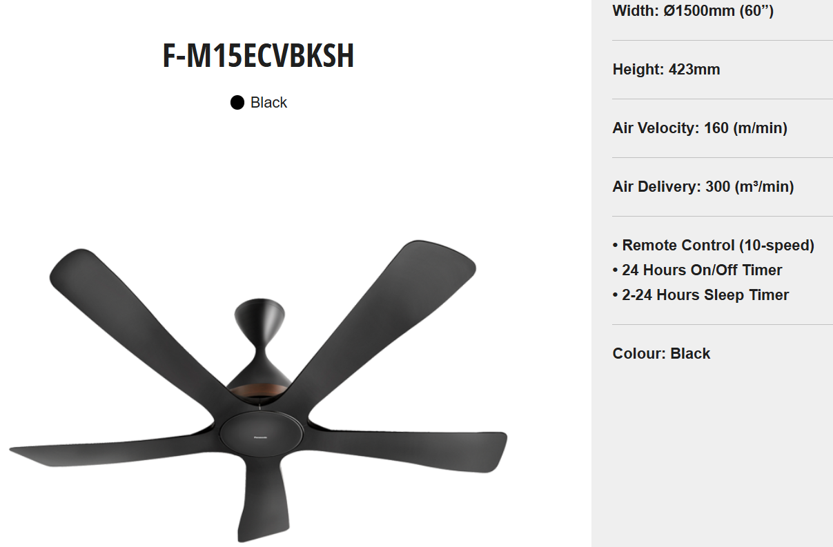 PANASONIC F-M15ECVBKSH - WIFAN Wi-Fi 5-BLADE CEILING FAN