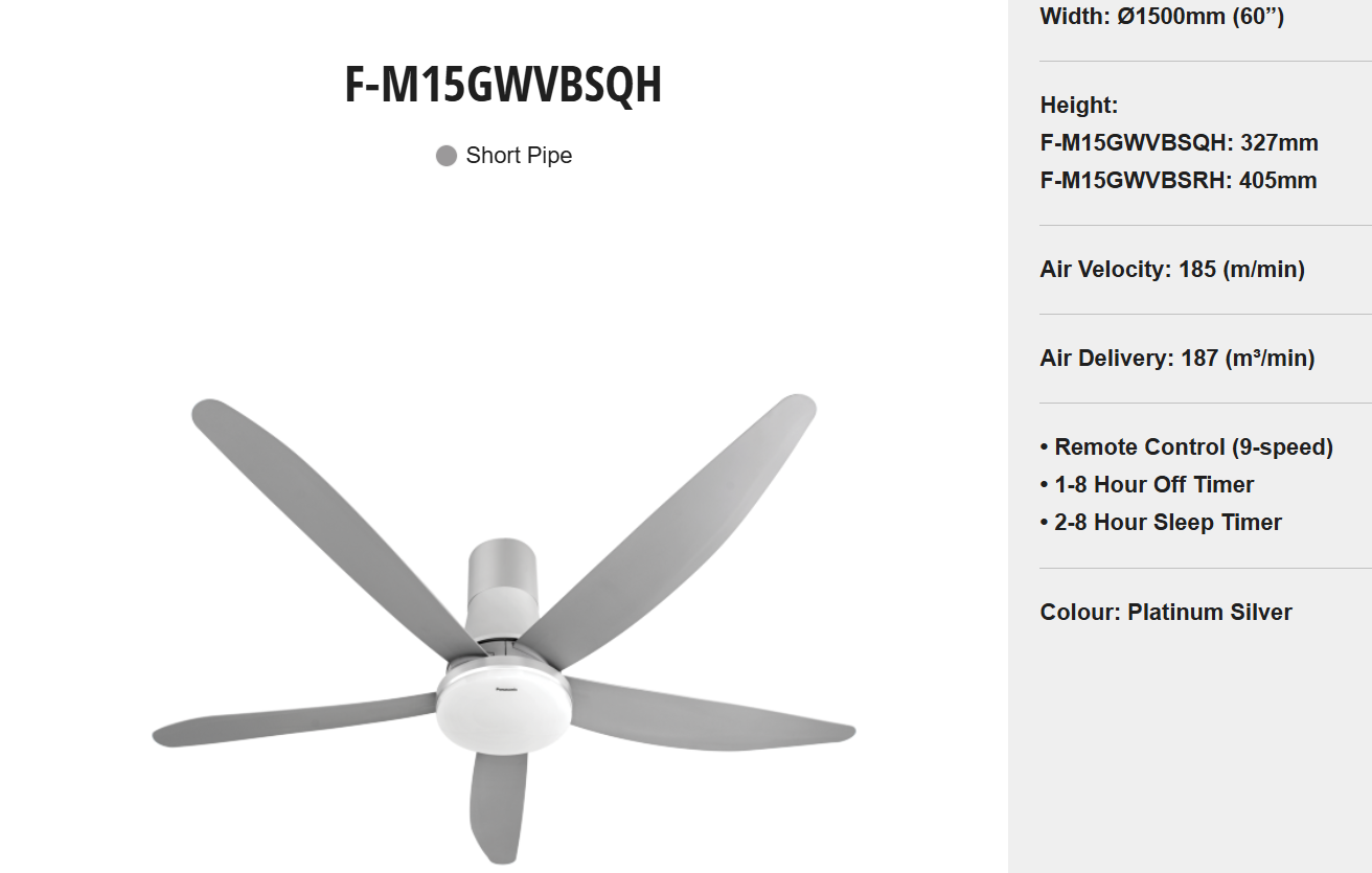 PANASONIC F-M15GWVBSQH (SHORT PIPE) - CEILING FAN (60 INCH) WITH LIGHTS