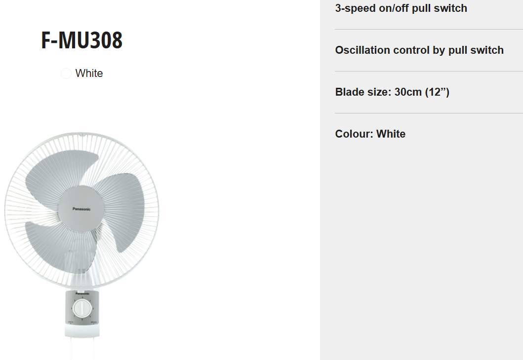 PANASONIC F-MU308 - Wall Fan (12 Inch) Pull-Cord Control
