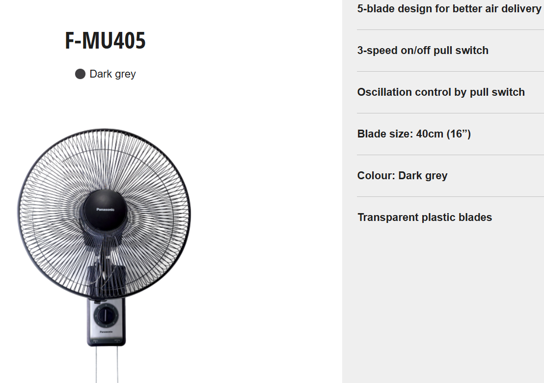 PANASONIC F-MU405VBHH - WALL FAN 16 INCH