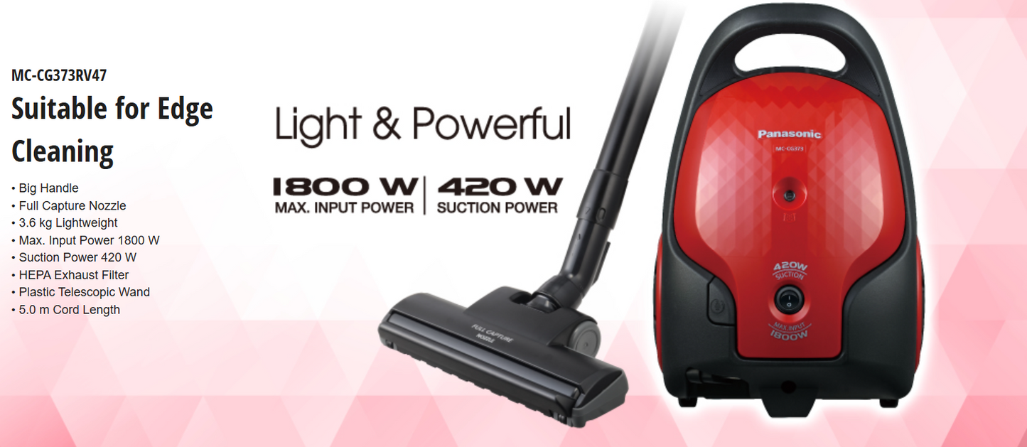 PANASONIC BAGGEDD VACUUM CLEANER MC-CG373RV47