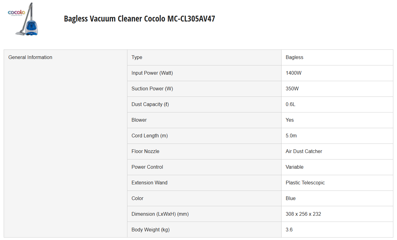 PANASONIC BAGLESS VACUUM CLEANER COCOLO MC-CL305AV47
