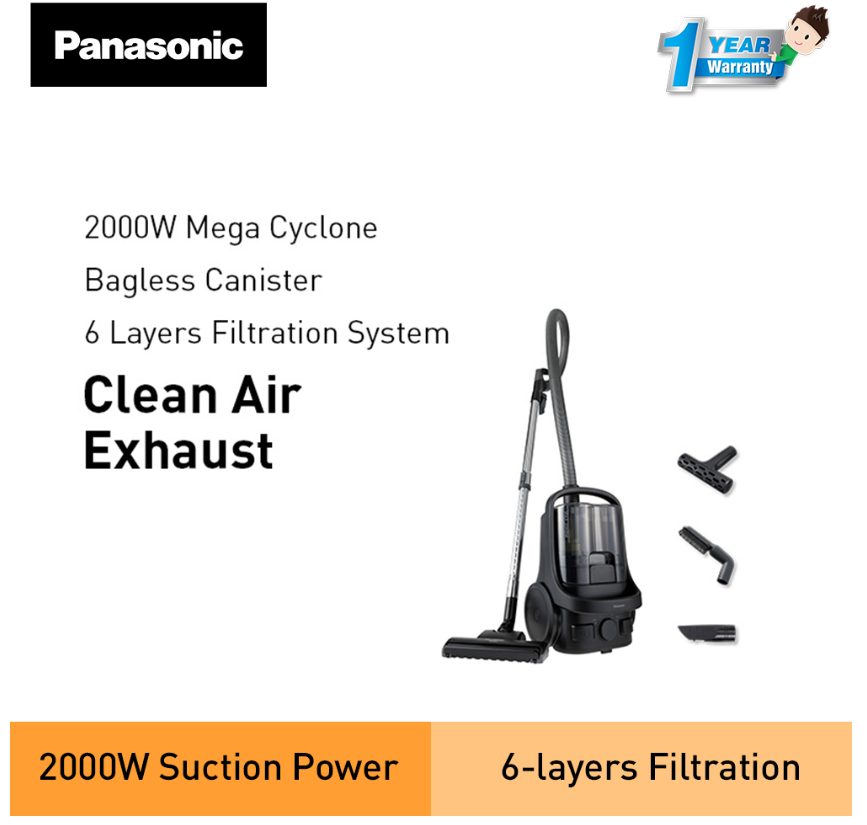PANASONIC 2000W CYCLONE BAGLESS VACUUM CLEANER WITH HEPA FILTER MC-CL605KV47