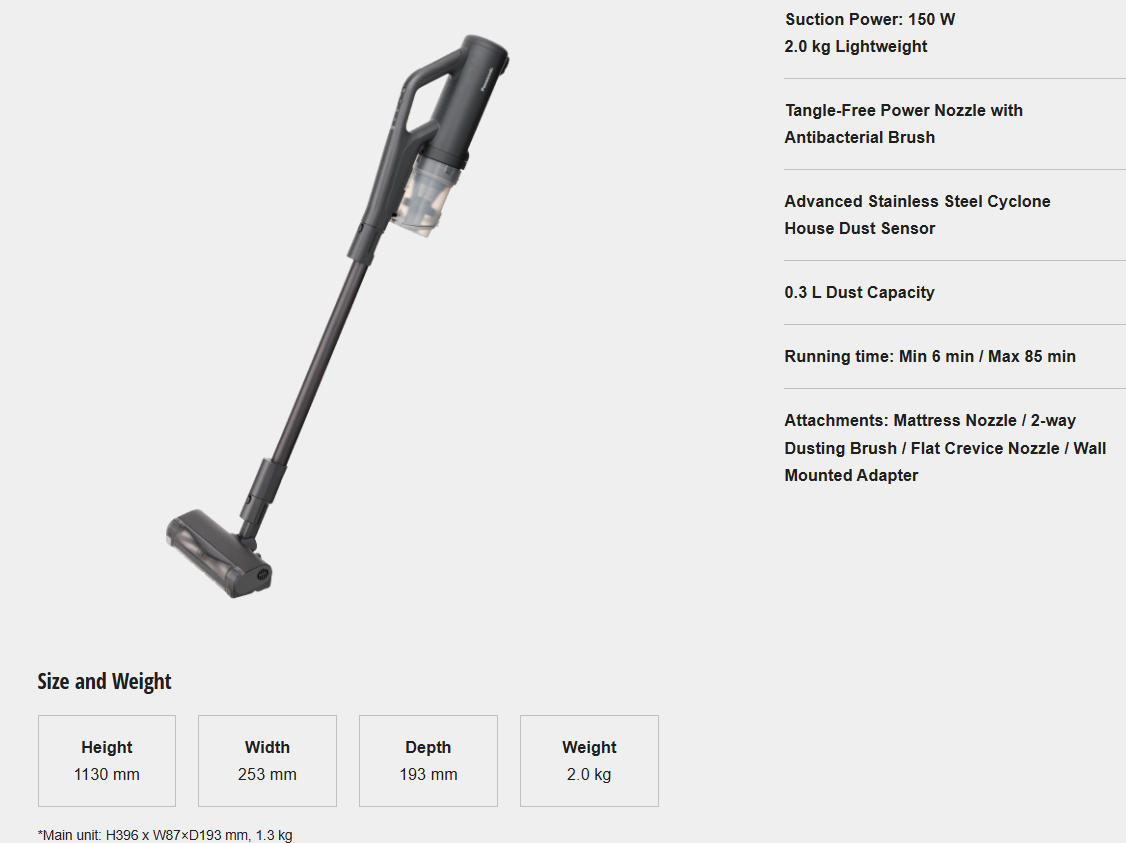 PANASONIC TANGLE FREE POWERFUL CYCLONE CORDLESS STICK VACUUM CLEANER MC-SB85KH047