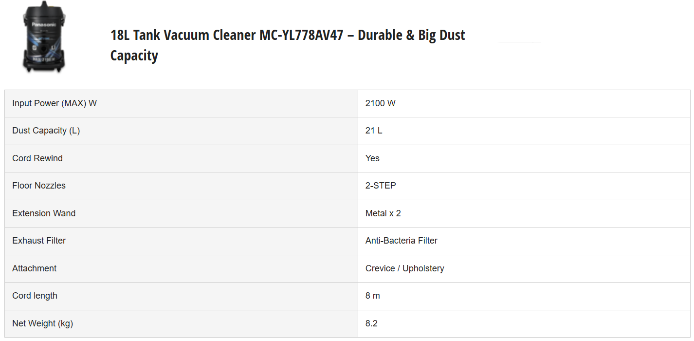 PANASONIC 18L TANK VACUUM CLEANER MC-YL778AV47