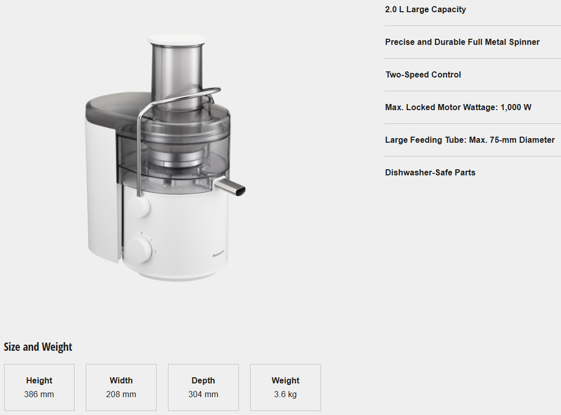 PANASONIC 2.0L LARGE CAPACITY JUICER MJ-CB100WSK