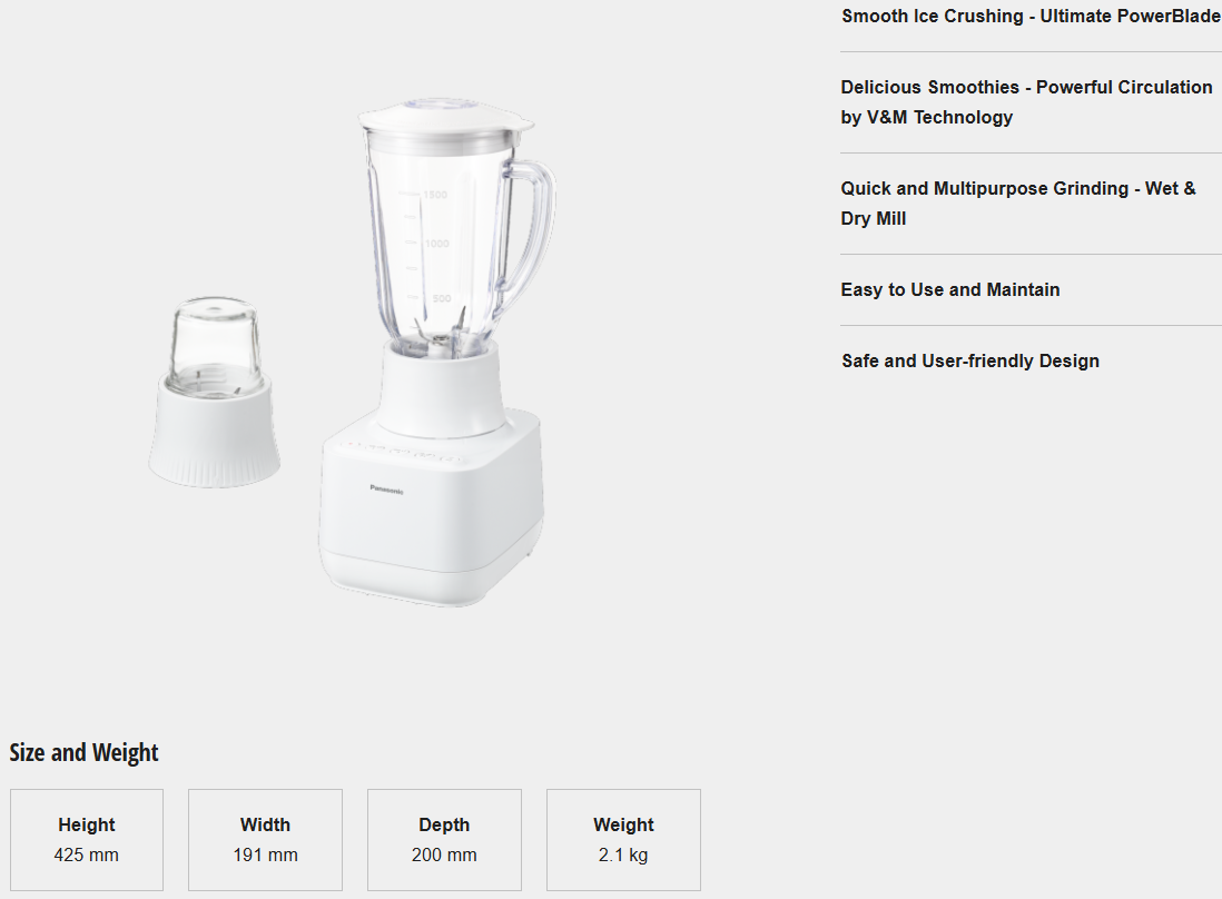 PANASONIC 700 W PLASTIC JUG BLENDER MX-MP5151WSK WITH GLASS MILL