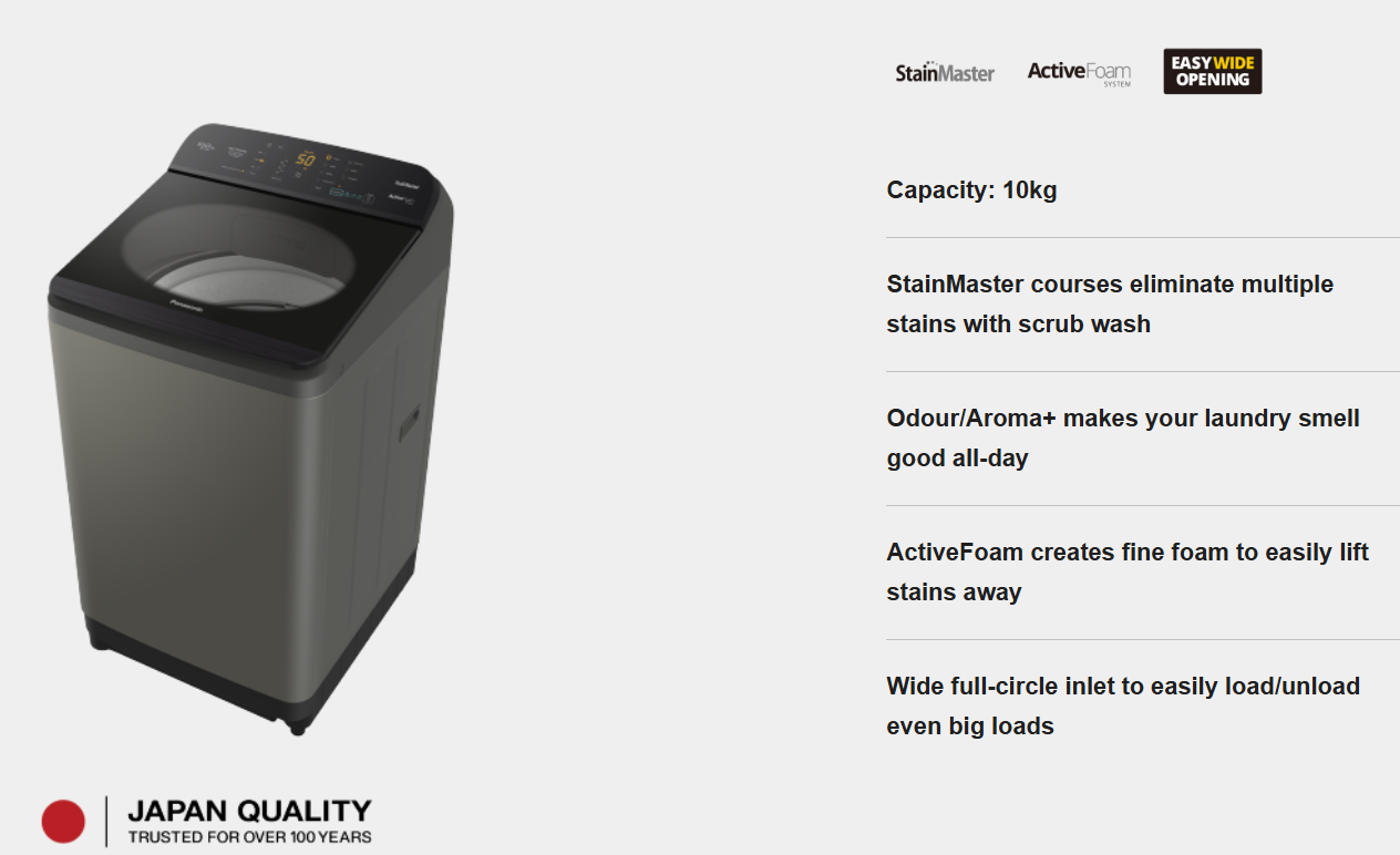 PANASONIC 10KG TOP LOAD WASHING MACHINE FOR STAIN CARE NA-F100A9DRT