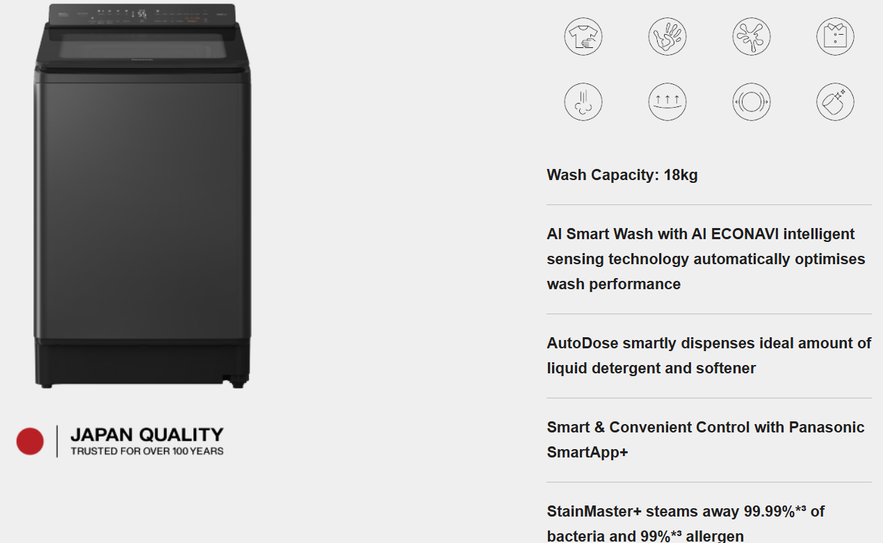 PANASONIC 18KG SMART TOP LOAD WASHING MACHINE NA-FD180W3BT