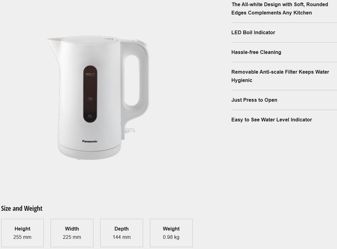PANASONIC 1.7L ELECTRIC KETTLE NC-K101WSK