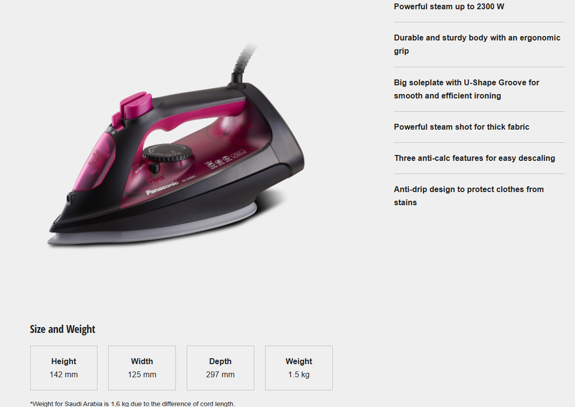 PANASONIC STEAM IRON WITH DURABLE DESIGN AND BIG SOLEPLATE NI-U400CPSK