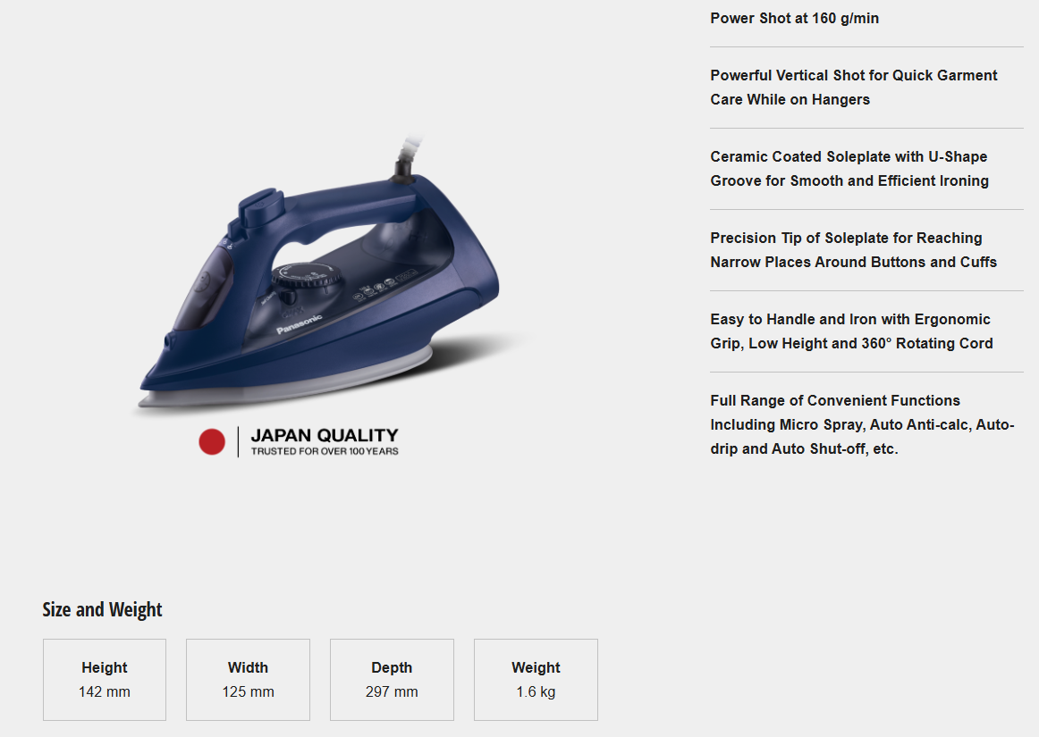 PANASONIC STEAM IRON WITH MAX 2600W POWERFUL STEAM AND BIG SOLEPLATE NI-U800ASK
