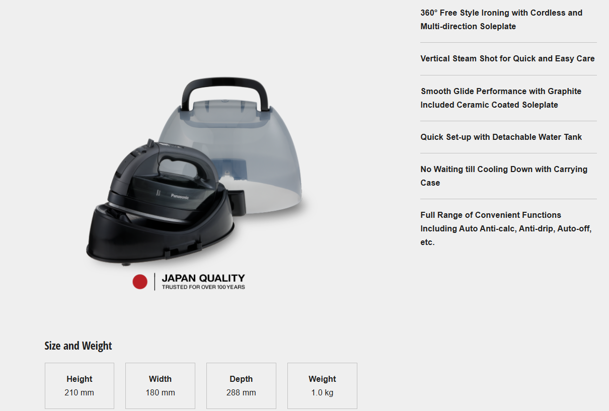 PANASONIC 2000 W CORDLESS STEAM IRON WITH MULTI DIRECTION SOLEPLATE NI-WL55KSKE