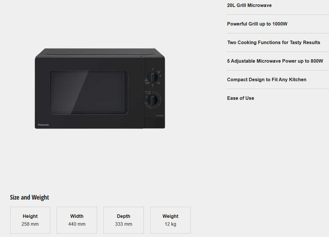 PANASONIC 20L GRILL & MICROWAVE OVEN NN-GM22QBMPQ