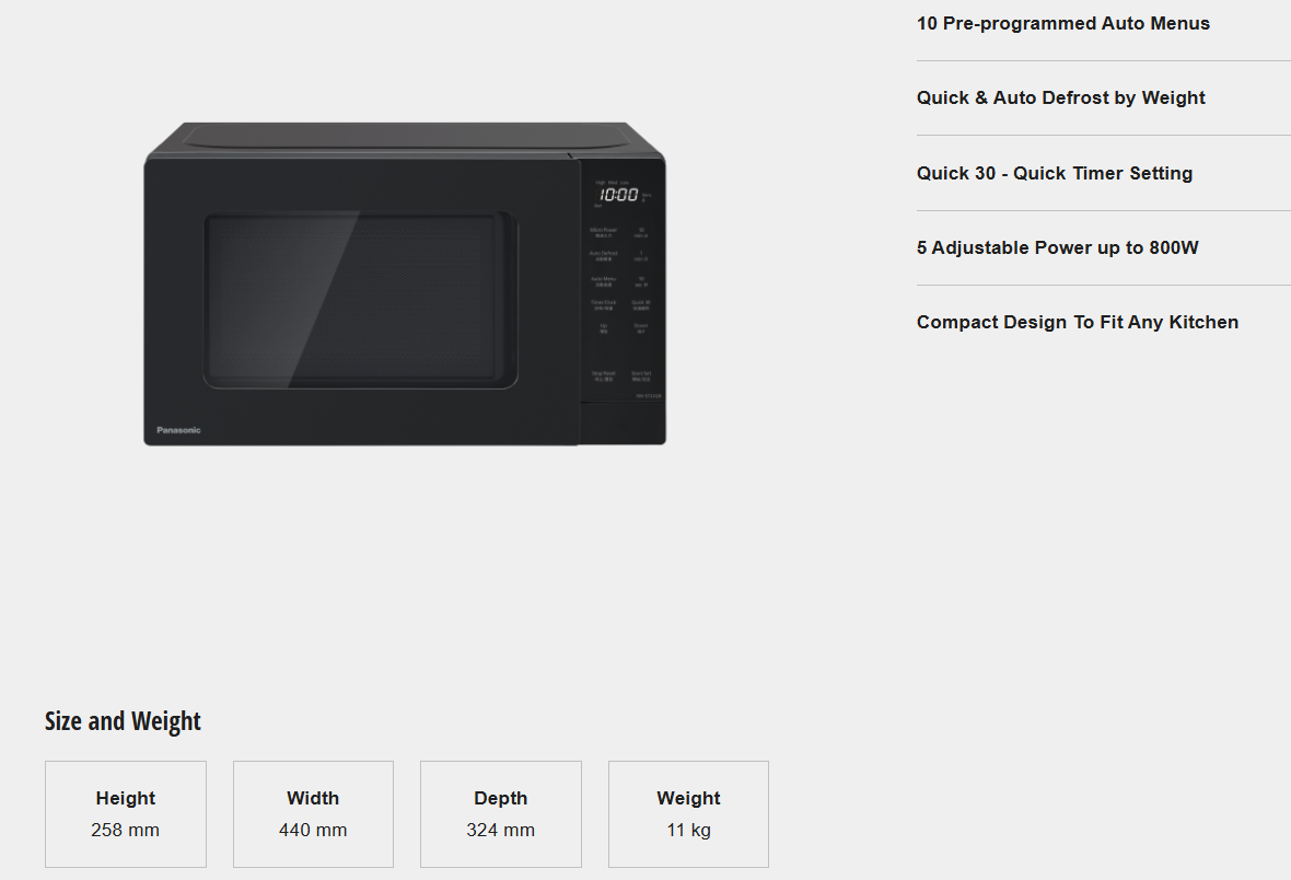 PANASONIC 20L SOLO MICROWAVE OVEN NN-ST22QBMPQ WITH 10 PRE-PROGRAMMED AUTO MENUS