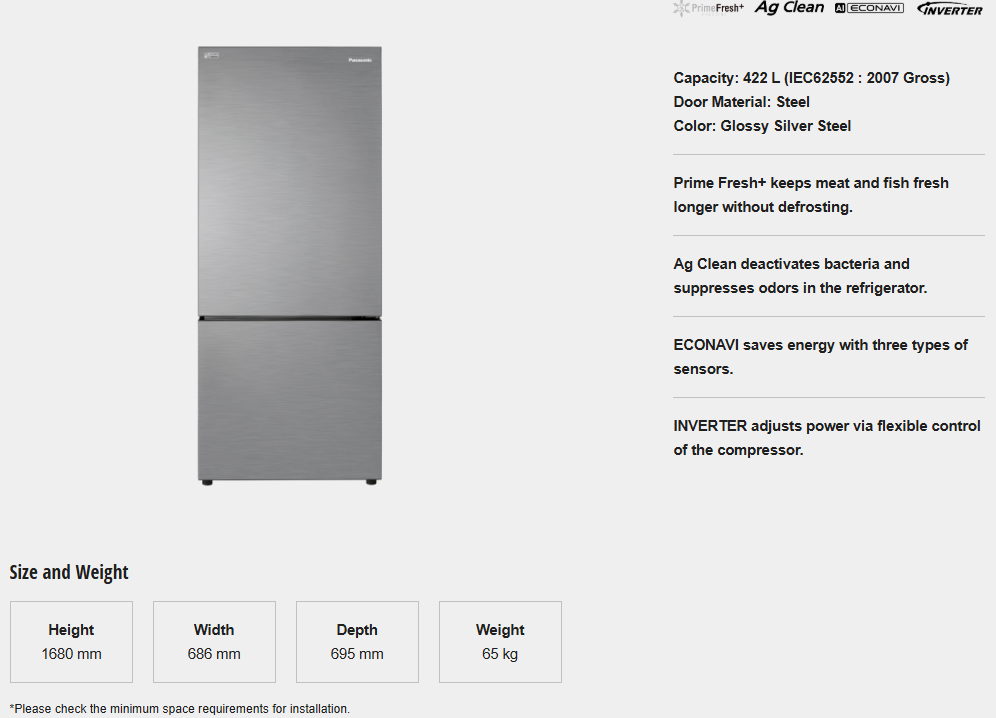 PANASONIC 2 DOOR BOTTOM FREEZER REFRIGERATOR NR-BX421BPSM STEEL DOOR SERIES