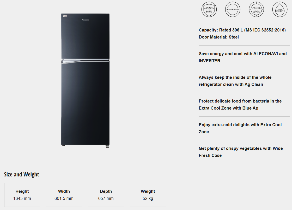 PANASONIC 325L 2 DOOR TOP FREEZER REFRIGERATOR NR-TV341BPKM