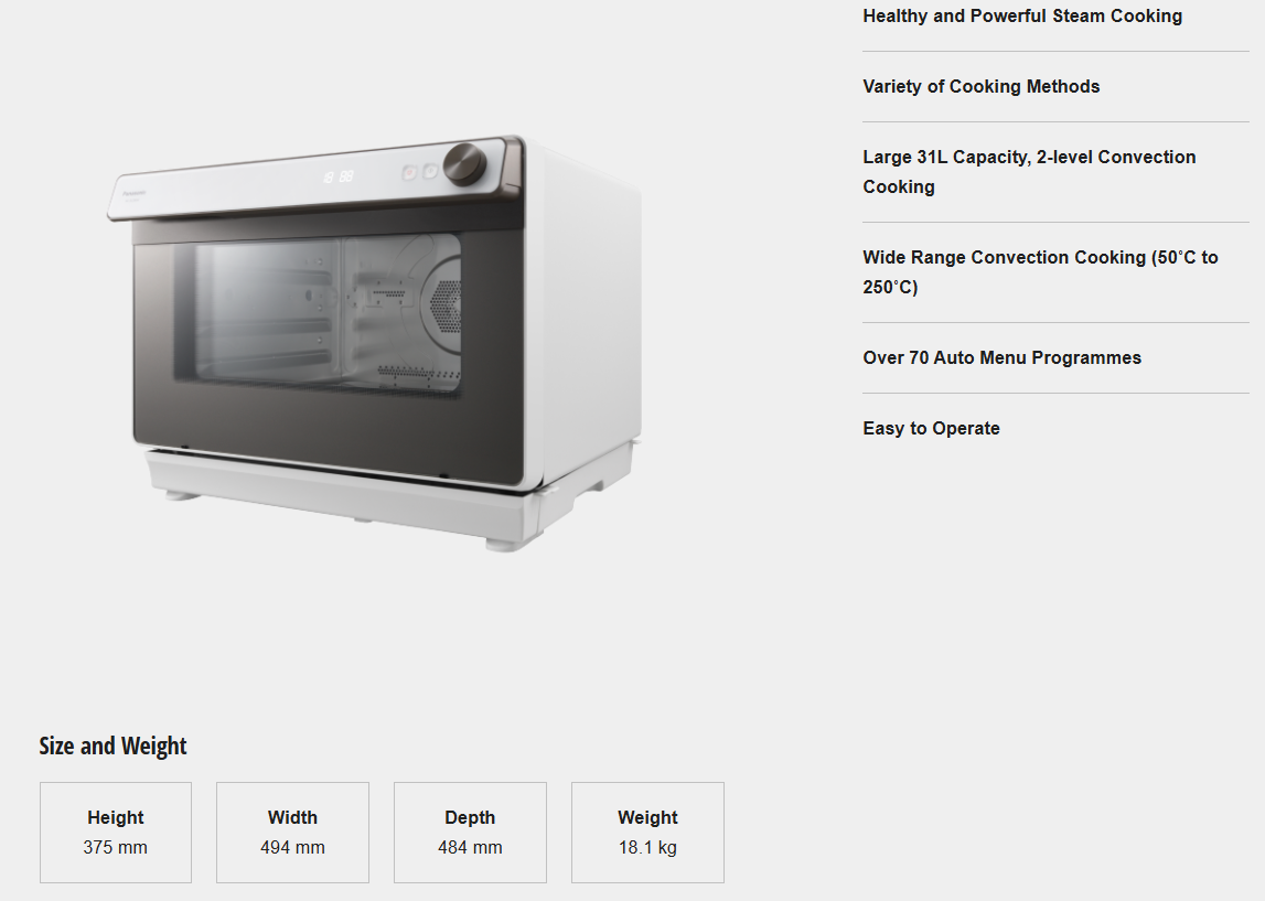 PANASONIC 31L STEAM CONVECTION CUBIE OVEN NU-SC280WMPQ