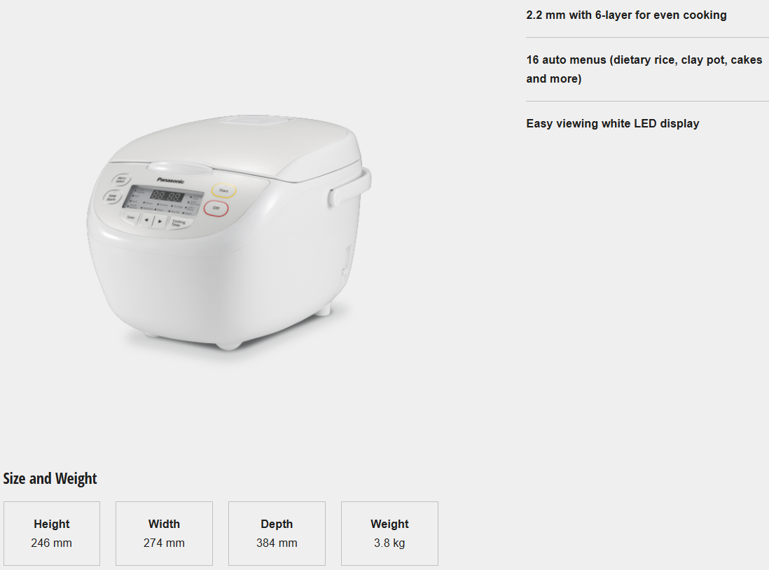 PANASONIC 1.8L MICRO COMPUTER JAR RICE COOKER SR-CN188WSK