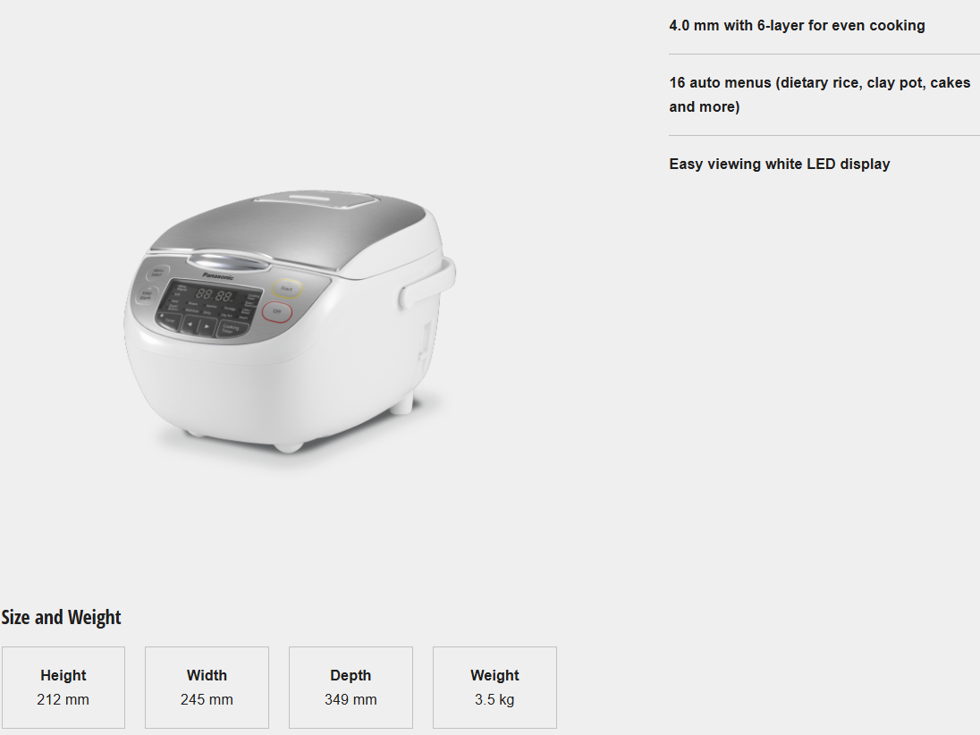 PANASONIC 1.0L MICRO COMPUTER JAR RICE COOKER SR-CX108SSK