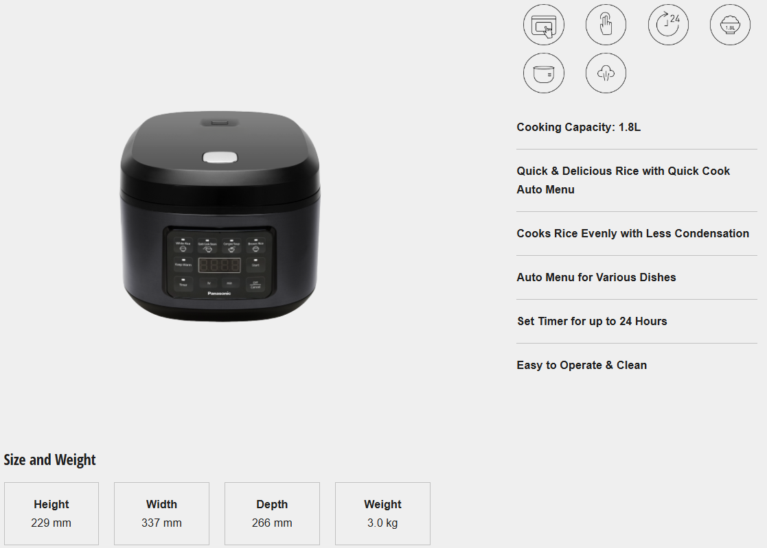 PANASONIC 1.8L MICRO COMPUTER RICE COOKER SR-DA182KSK