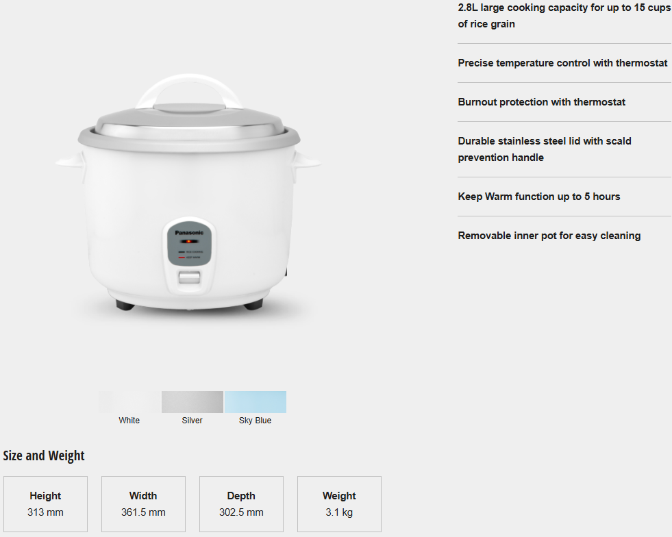 PANASONIC 2.8L CONVENTIONAL RICE COOKER SR-E28