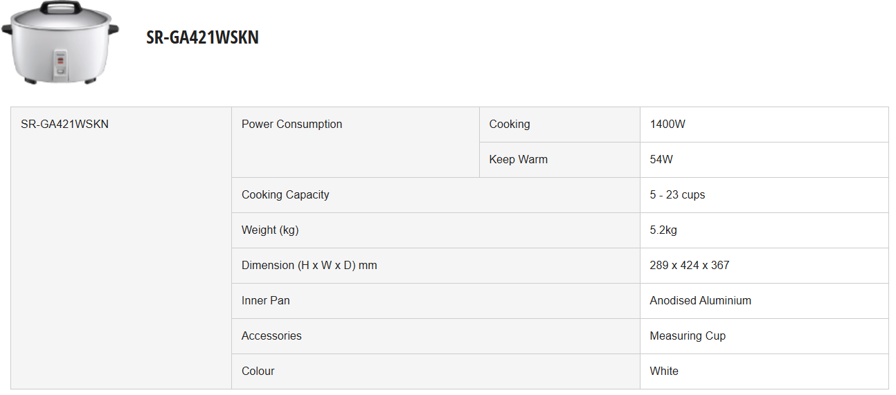 PANASONIC 4.2L CONVENTIONAL RICE COOKER SR-GA421WSKN