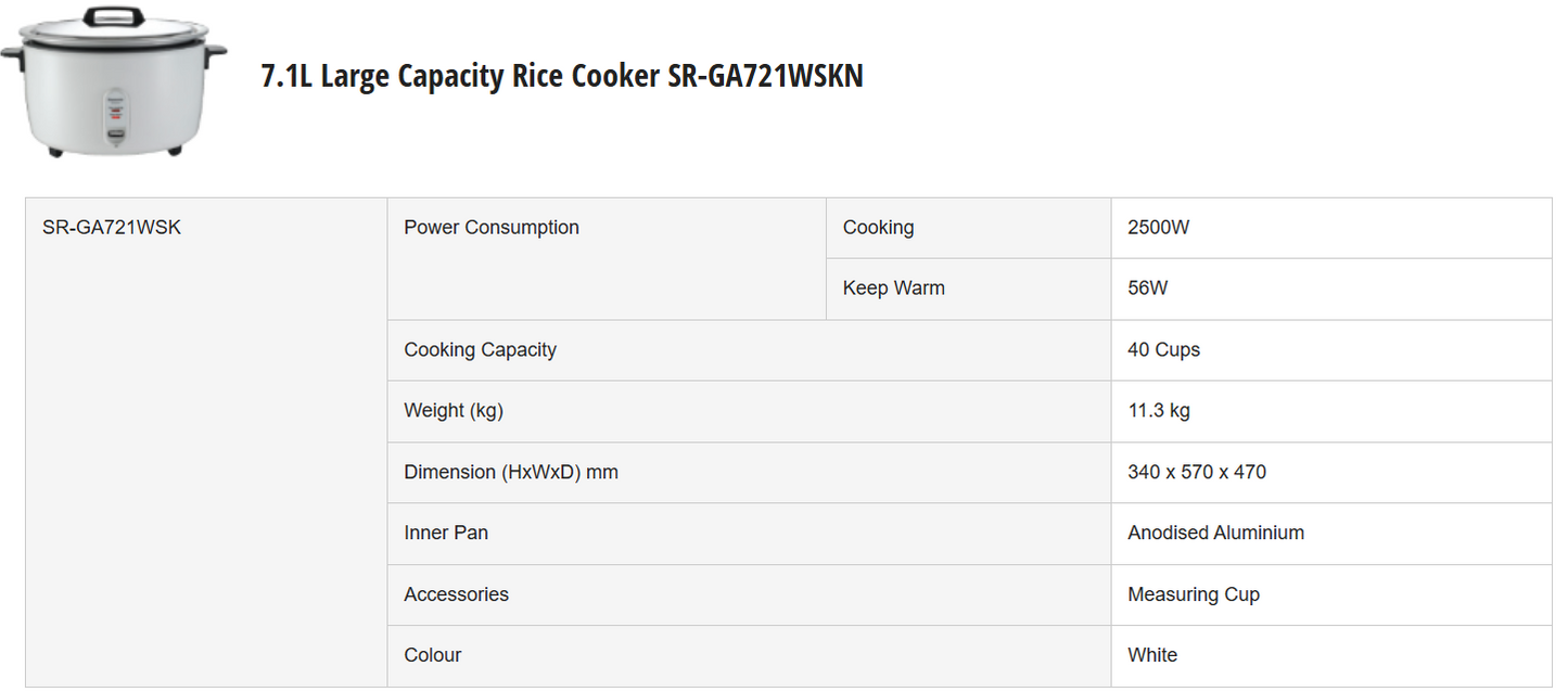 PANASONIC 7.1L LARGE CAPACITY RICE COOKER SR-GA721WSKN