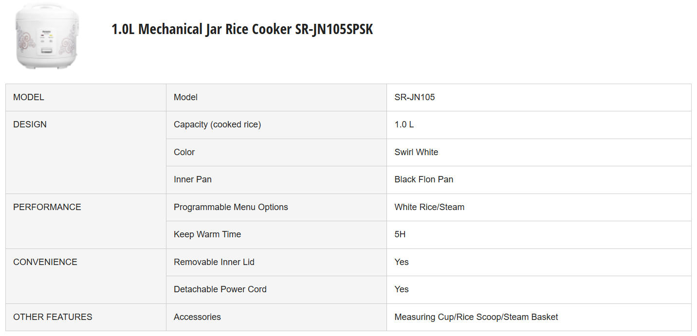 PANASONIC 1.0L MECHANICAL JAR RICE COOKER SR-JN105SPSK