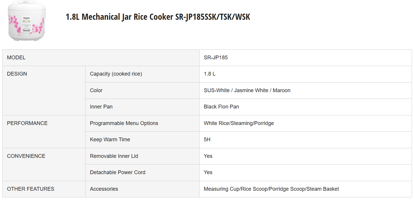 PANASONIC 1.8L MECHANICAL JAR RICE COOKER SR-JP185SSK/TSK/WSK