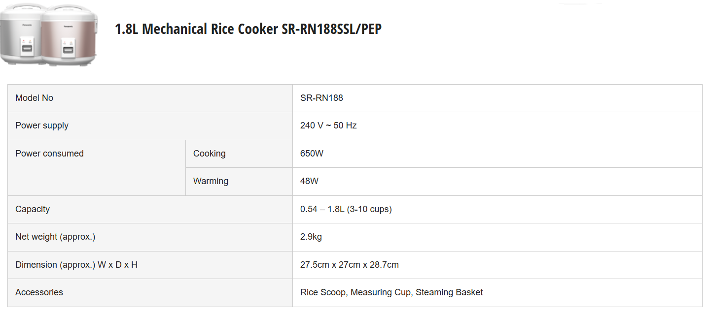 PANASONIC 1.8L MECHANICAL RICE COOKER SR-RN188SSL/PEP