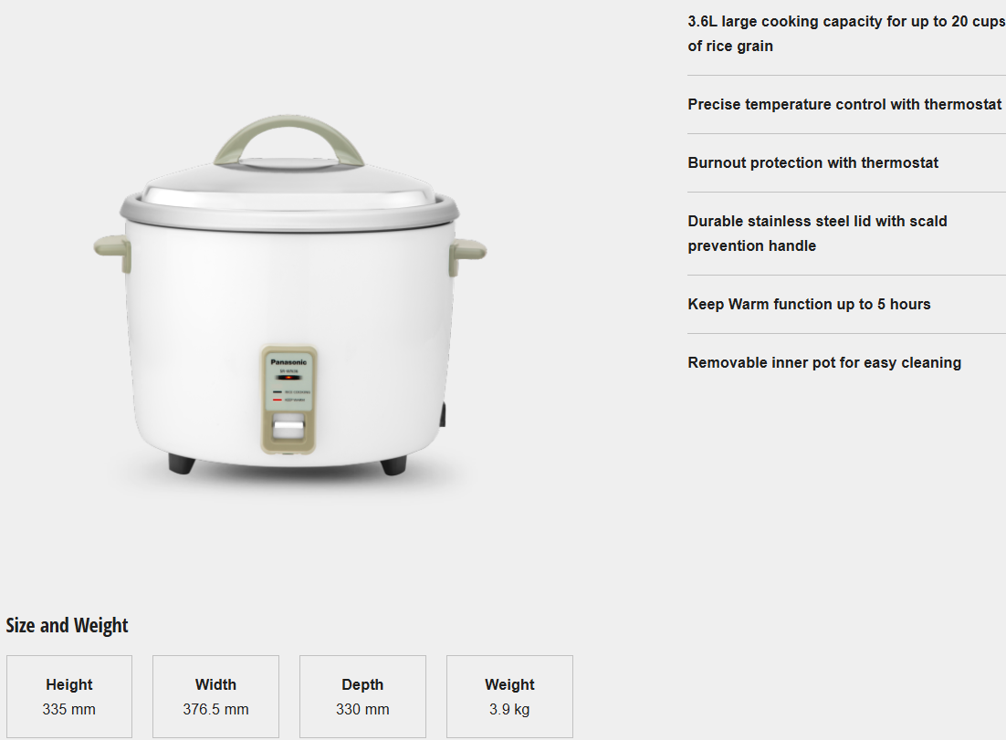 PANASONIC LARGE 3.6L CONVENTIONAL RICE COOKER SR-WN36WSWN