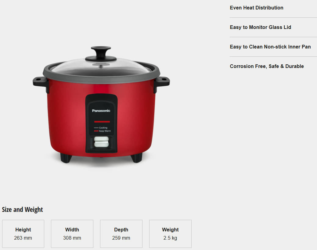 PANASONIC 1.8L CONVENTIONAL RICE COOKER SR-Y18FGRSKN