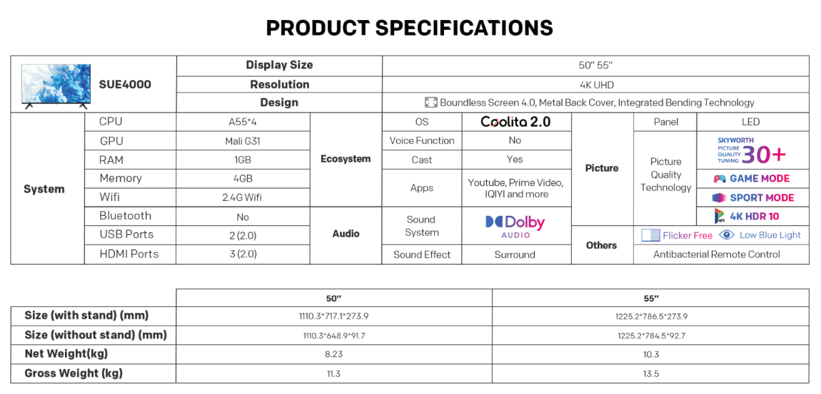 SKYWORTH 50" 4K UHD SMART TV 50SUE4000