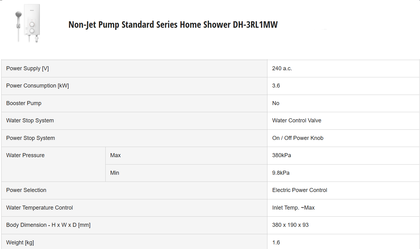 PANASONIC NON PUMP STANDARD SERIES HOME SHOWER DH-3RL1MW