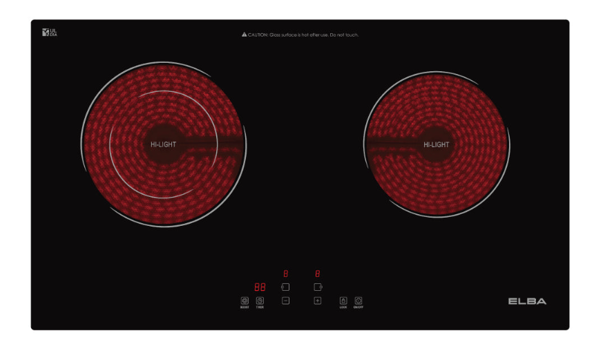 ELBA BUILT-IN CERAMIC HOB ECH-Q7032ST(BK) - DUAL COOKING ZONES, VULKERA GLASS